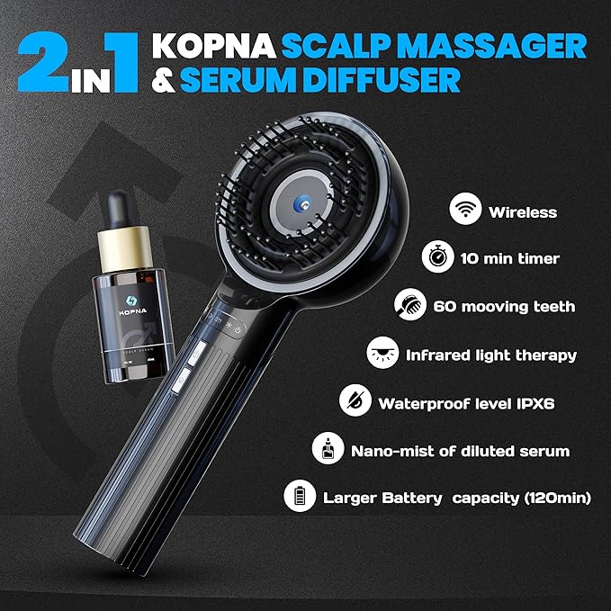 2-in-1 Electric Scalp Massager with Precision Serum Diffuser for Men – Cordless Scalp Care Brush, Supports Fuller-Looking Hair, IPX7 Waterproof, Built-in Nano Mist Diffuser