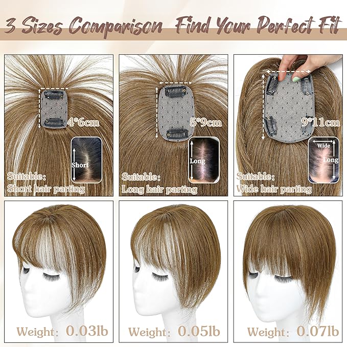 Hair Toppers for Women Real Human Hair - 360° Coverage Brown Clip In Topper with Bangs for Thinning Hair Upgraded 5×9 cm Silk Base Ideal for Everyday Use