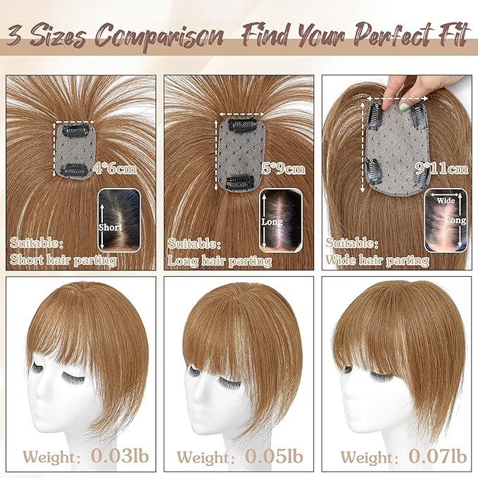 Hair Toppers for Women Real Human Hair - 360° Coverage Light Brown Clip In Topper with Bangs for Thinning Hair Upgraded 5×9 cm Silk Base Ideal for Everyday Use