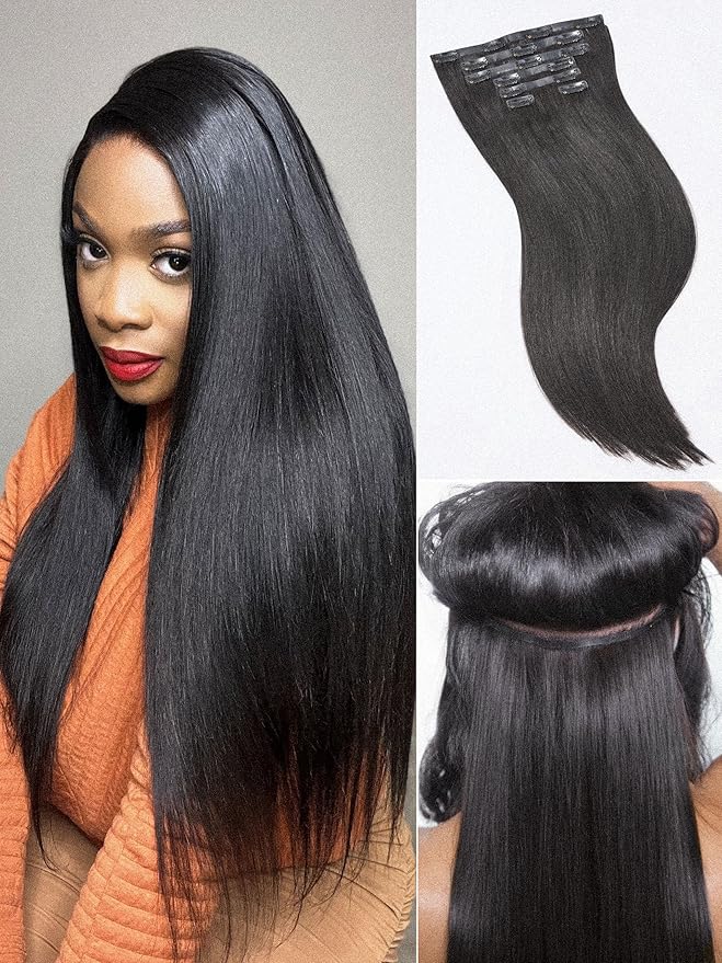 LUVME Yaki Straight LUVME Seamless 2 Pack 220g 14Pcs Clip in Hair Extensions Full Max with 18inch Remy Human Hair Extensions, Natural Black 100% Real Soft Human Hair