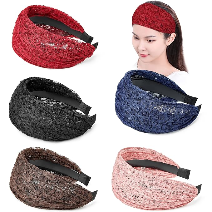 DORIS&JACKY Fashion 2.5 Inch Wide Lace Headbands Elastic Hairbands With Teeth Headwear Accessories For Women And Girls… (Wide Lace-5PCS)