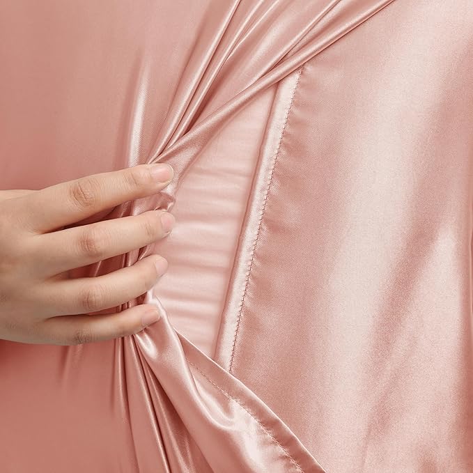 Rose Gold Satin Pillowcase Queen Size Set of 2 for Hair and Skin, Rose Gold Silk Pillowcase Breathable Pillowcase with Envelope Closure