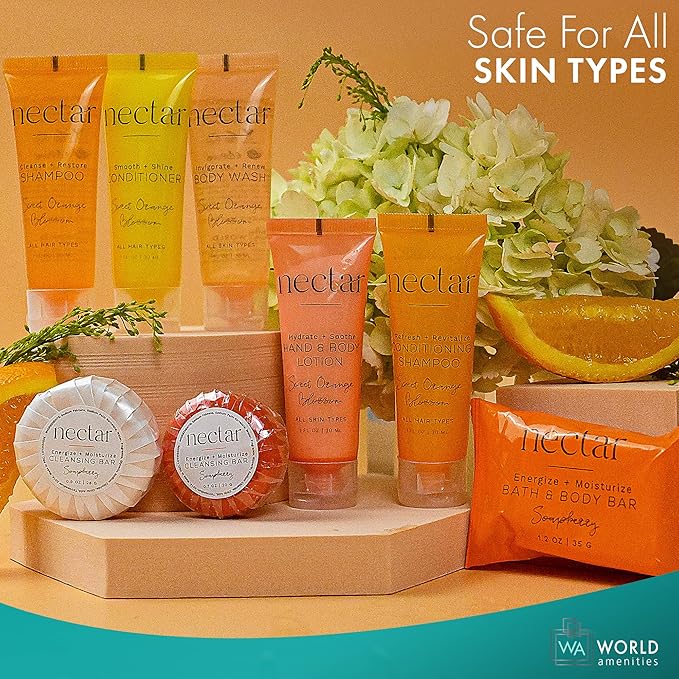 World Amenities - Nectar Bulk 2-in-1 Conditioning Shampoo | 50 Count | Sweet Orange Blossom, Mini Travel Size Toiletries (100% Recyclable Tube with Flip Top Cap) Hotel Amenities, for All Hair Types